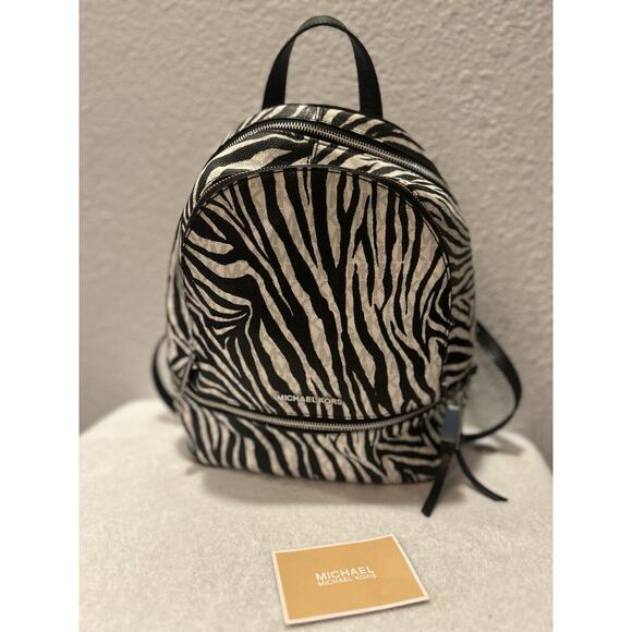 Michael Kors Rhea Zip Medium Zebra Backpack Black/White - Picture 3 of 5